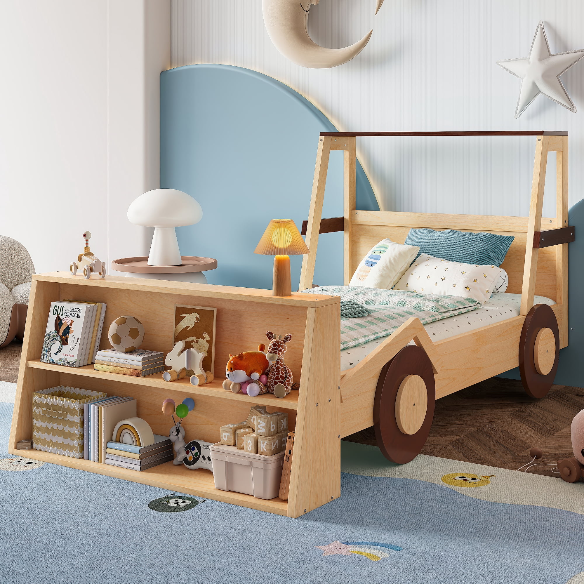 Harper & Bright Designs Twin Size Car Bed with Storage Shelves, Wood Platform Bed with Car-shape for Boys and Girls, Natural