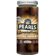 Pearls Specialties Pitted Medley Greek Olives 6.3 oz. Jar. Major Allergens Not Contained.