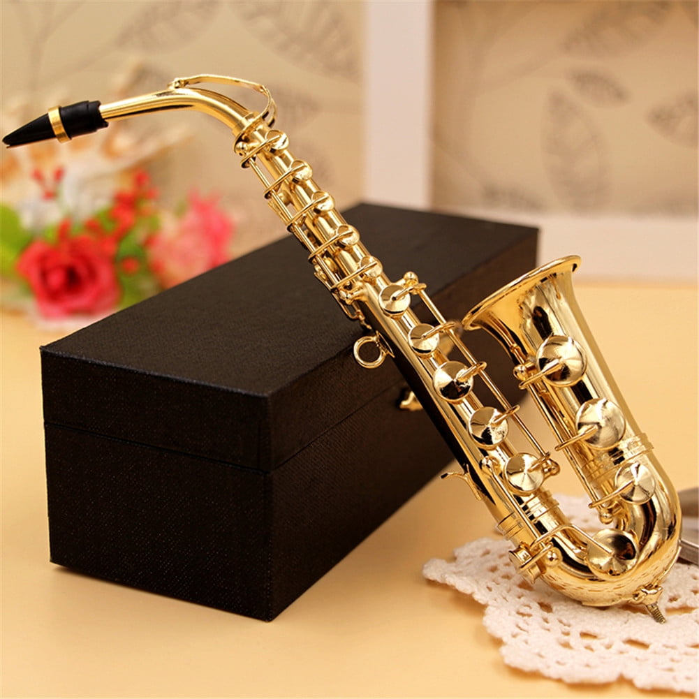 Mini Saxophone Model Musical Instrument Copper Brooch Miniature Desk Decor Display with box