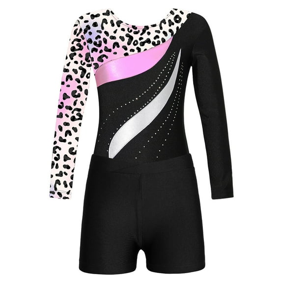 iixpin Girls Sparkle Ballet Dance Unitard Biketard with Gymnastic Shorts Long Sleeve Leotards Set Athletic Tracksuit Leopard 14