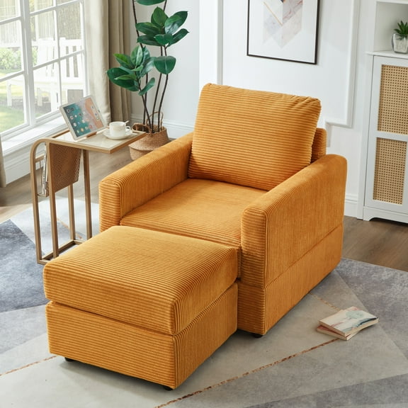 Large Chaise Lounge Chair Indoor with Ottoman, 32" W Corduroy Upholstered Cloud Fluffy Sofa with Back Cushion & Deep Seat, Comfy Leisure Sleeper Sofa Chair for Living Room Bedroom Office, Yellow