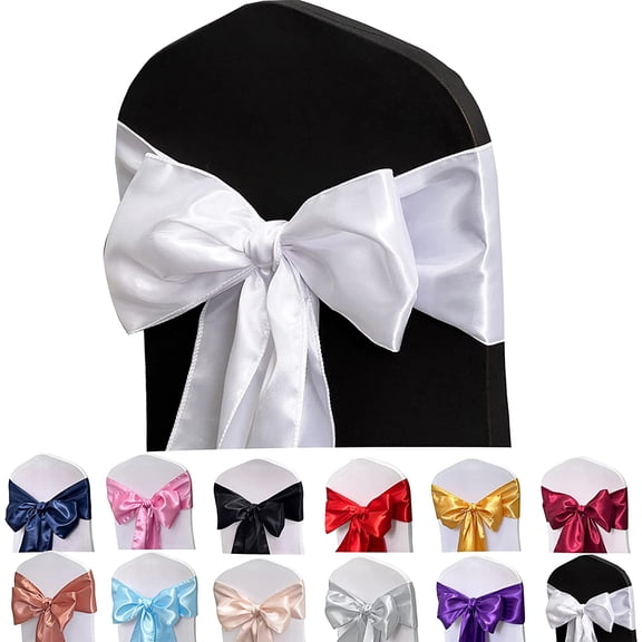 Satin Chair Sashes Bows 50PCS Chair Ribbon Ties Back Sash for Wedding Party Events Banquet Cover Decoration (White)