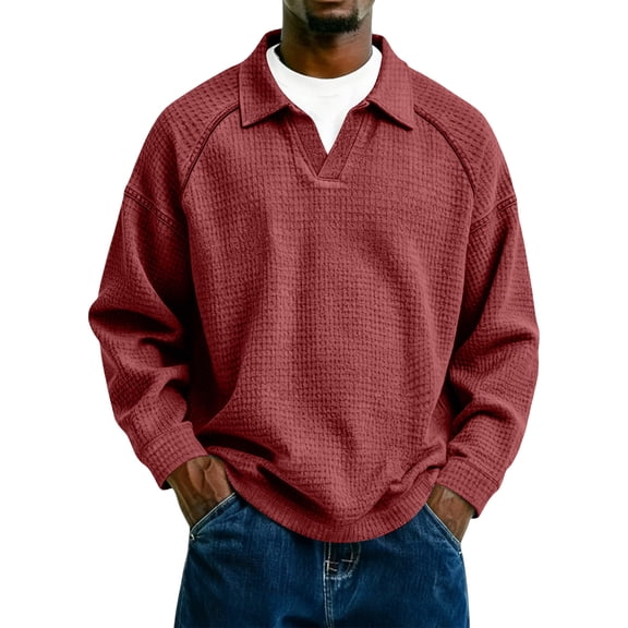 Qwertyu Men's Waffle Long Sleeve Shirts Stand Collar Casual Sweatshirt Lightweight V Neck Winter Knit Pullover Tops Wine 3XL