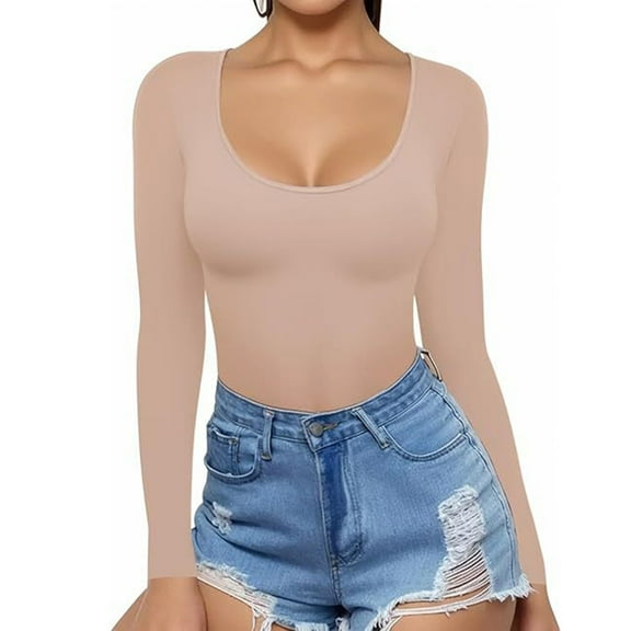 hotojiny Long Sleeve Shirts for Women Spring Slim Square Neck Clothes Solid Tight Stretchy Basics Going out Tops