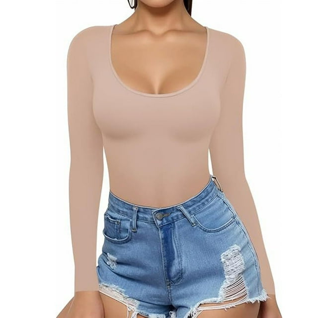 tarylea Women's Cute Tops U Neck Ribbed Slim Fitted Tops Long Sleeve Solid Color Shirts Casual Fall Going out Tops