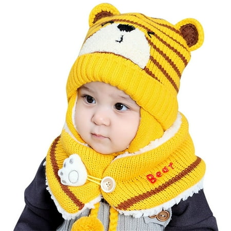 

Baby Hat Winter Bear Ear Beaniess With Scarf Lined Knitted Neckwarmer Kids 2 Pieces Cap for Boys Girls