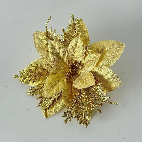 Poinsettia Flowers for Christmas Tree, 24 Pcs Glitter Christmas Flowers Artificial Poinsettia Flowers with Clips Stems Xmas Tree Ornaments for Christmas Party Wreath Decoration Gold