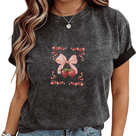 Mineral Wash Black Strawberry Bow Floral Frame Print T-Shirt Women's Casual Loose Fit Coquette Aesthetic Short Sleeve Tops S-2XL
