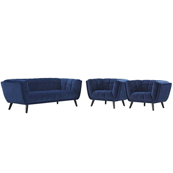 Modern Contemporary Urban Design Living Room Lounge Club Lobby Armchair and Sofa Set, Velvet Fabric, Navy Blue