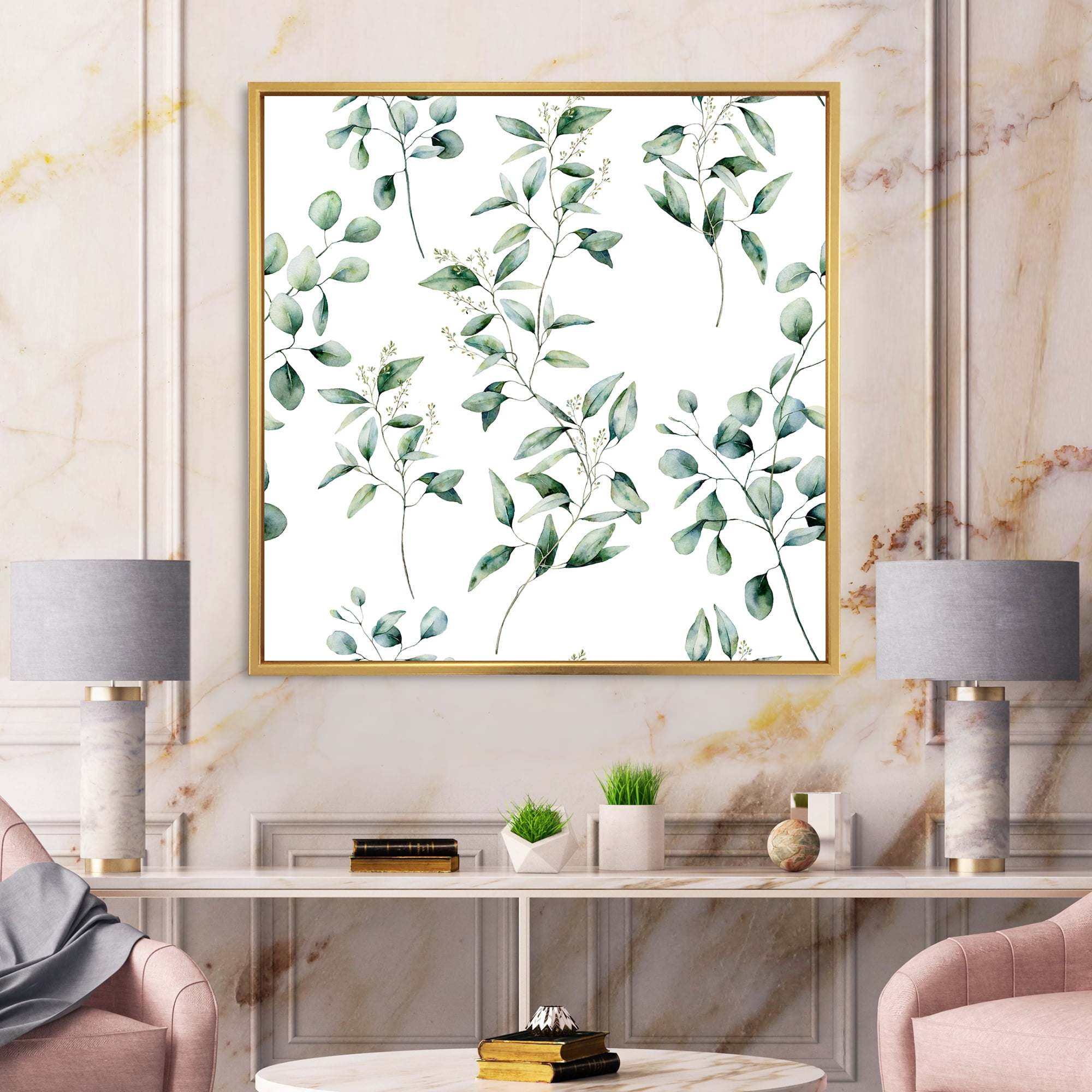 Designart 'Green Eucalyptus Plant Branches IV' Traditional Framed Canvas Wall Art Print