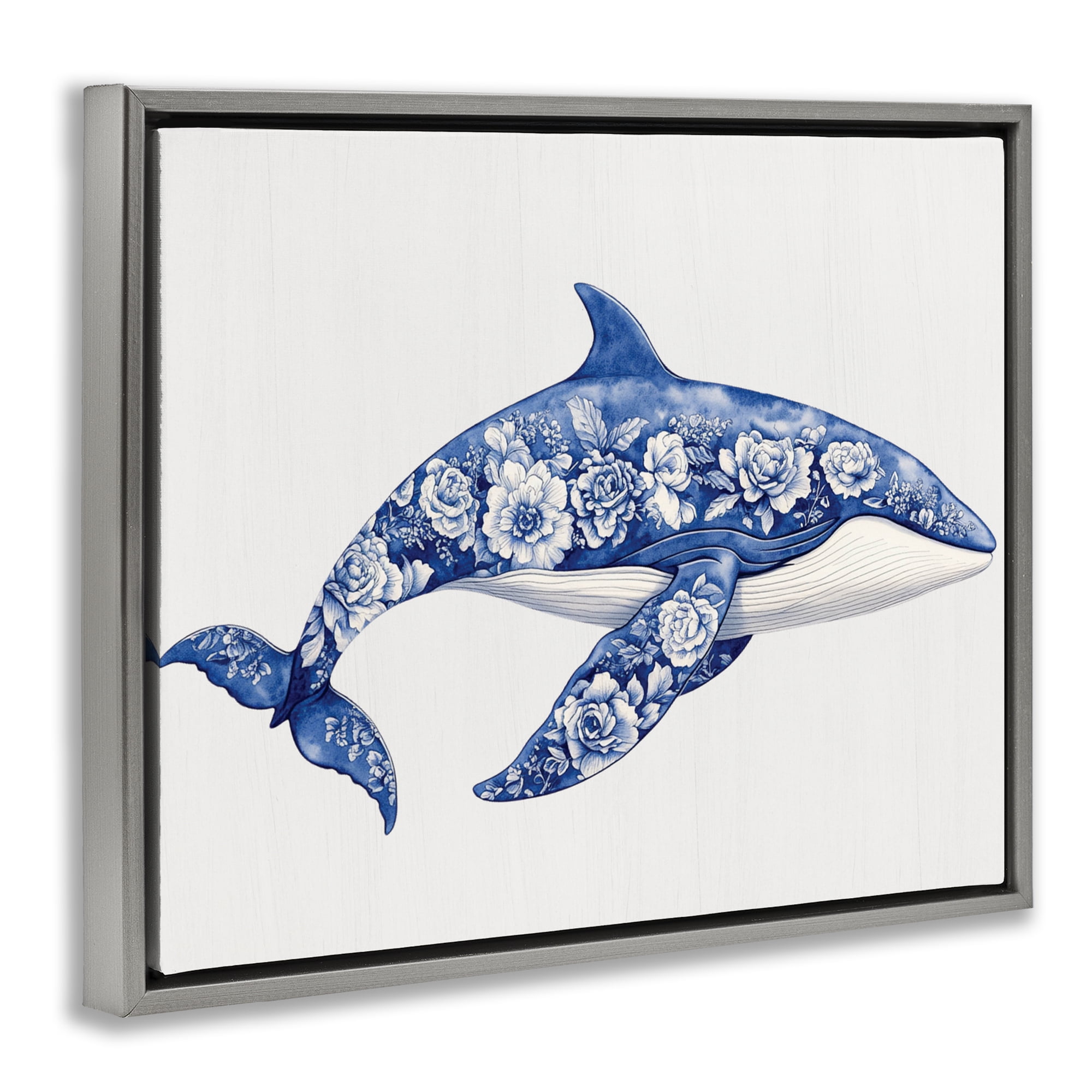 Floral Toile Whale Gray Framed Floater Canvas Wall Art, design by Lettered and Lined