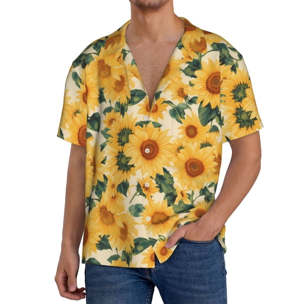 Balery Green Leaf Sunflower Camisa Casual de Manga Corta con Botones para Hombre, Texturizada, Estilo Cubano, para Playa, Verano-XX-Large