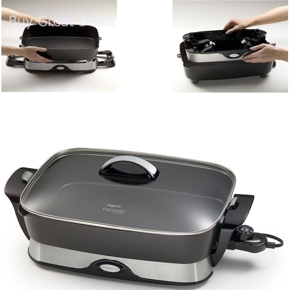 16 in Electric Skillet Foldaway Non-Stick Grill Roast Frying Pan with Glass Lid 