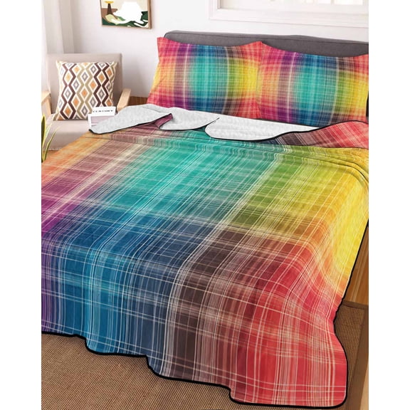 Colorful Plaid Full Size Down Alternative Comforter, Lightweight Comforter Quilt Bedding Set with Pillow Shams Modern Chic Rainbow Gradient Striped All Seasons Bed Comforter Duvet Insert 78"x90"
