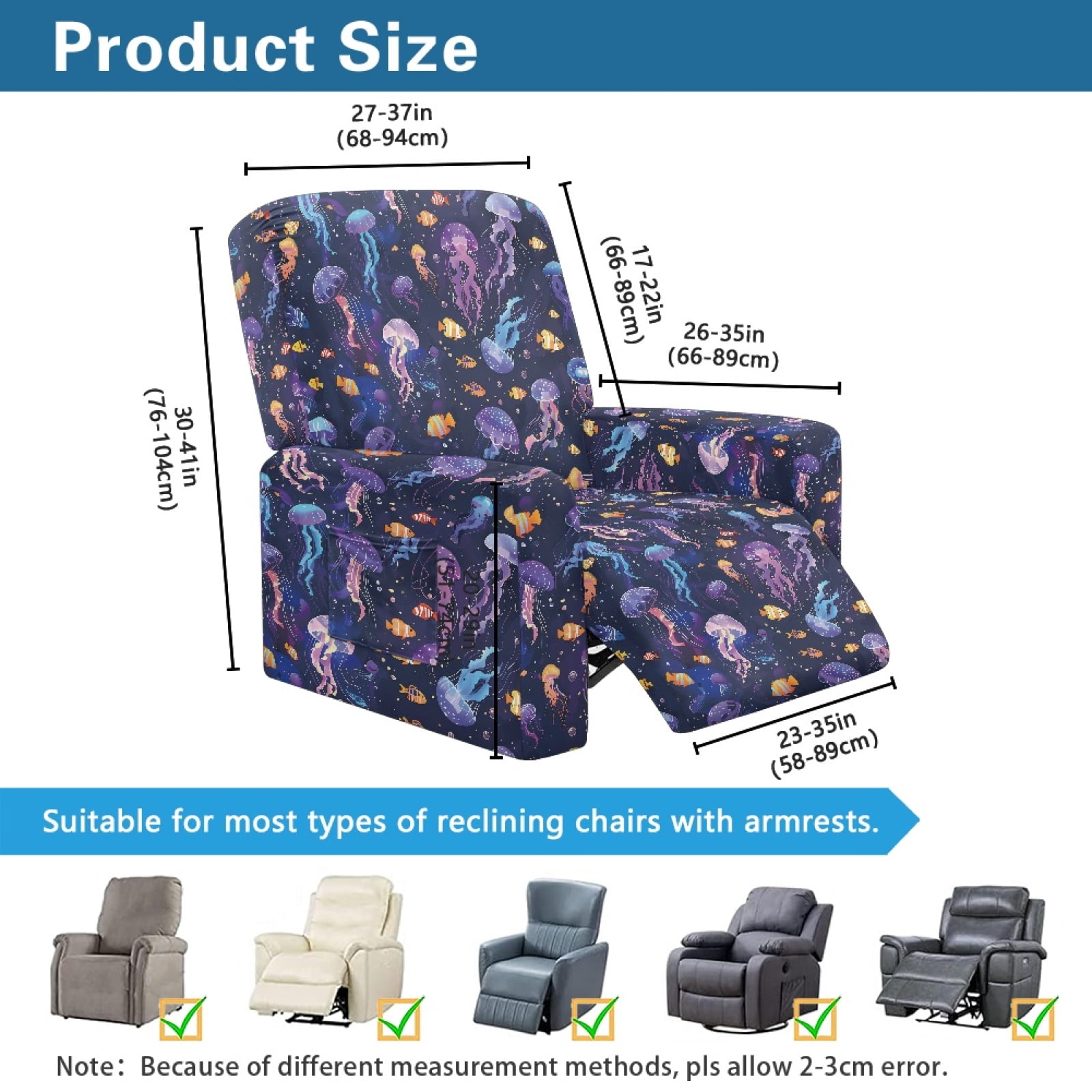 Xoenoiee Jellyfish Fish Print Recliner Slipcover Stretch Reclining Chair Covers 4 Pieces Non Slip Recliner Sofa Slipcovers with Pockets Fitted Sofa Couch Cover Lazy Boy Chair Cover for Pet Kid