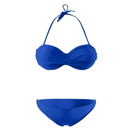 JIANJIA Swim Suits for Women Summer Solid Color Detachable Lace Up Halter Brassiere With Thongs Two Piece Brazilian Bikinis Swimwears Holiday Wear Blue S