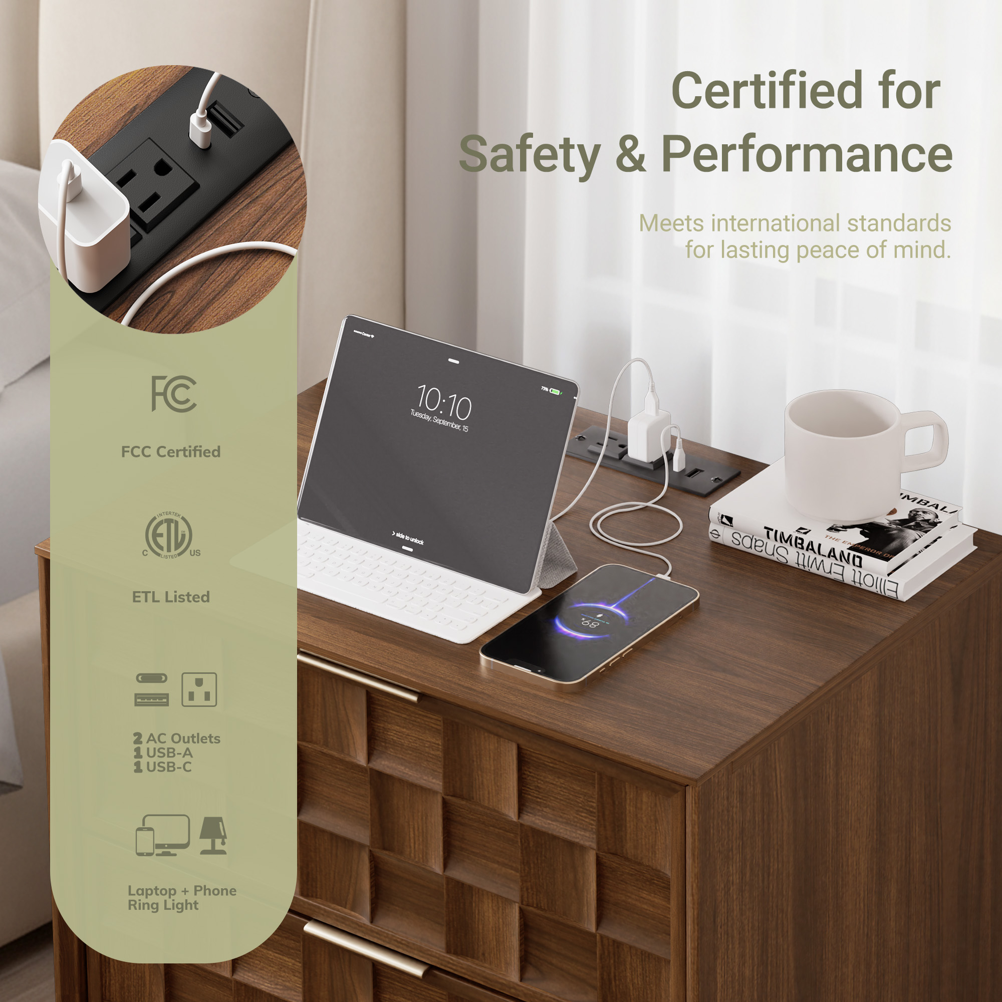 Nightstand with Charging Station, Modern 2 Drawer Bedside Table with Storage, 1 pack,Walnut