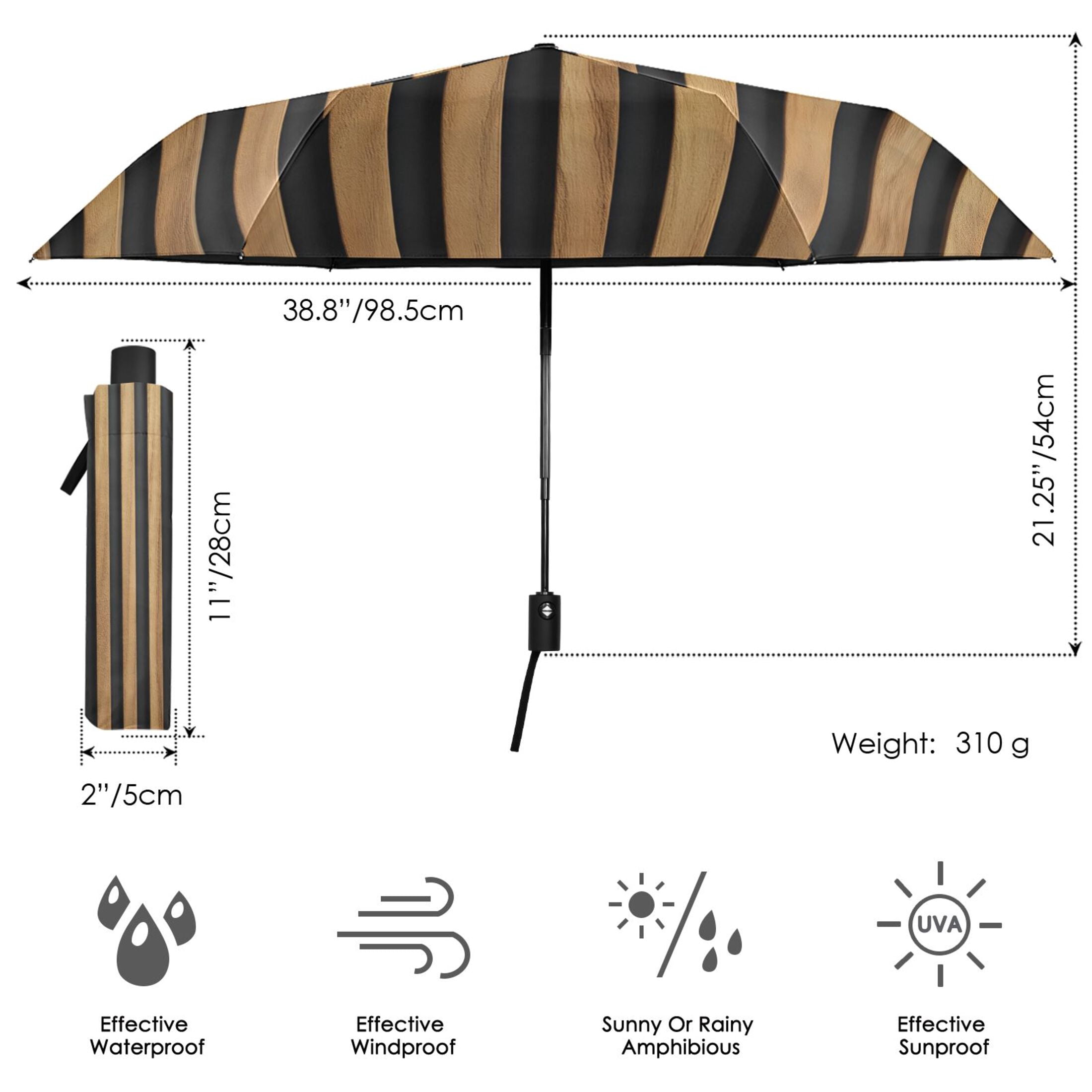 Brown Stripes Folding Umbrella UV50+ Waterproof Sun Protection Auto Open Close Compact Fiberglass Frame
