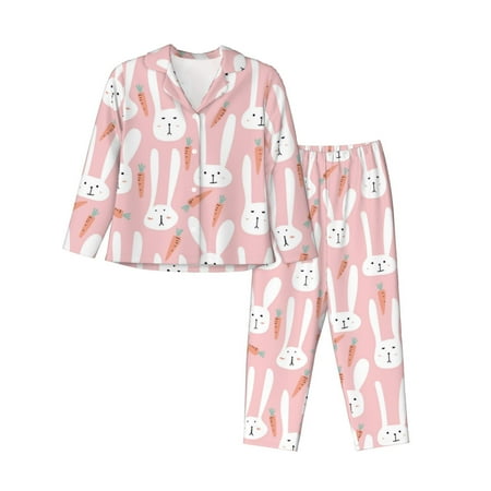Pajamas for Women Set - Cute rabbit carrot pink Comfy Long Sleeve Button Up Pajama Sets for Women 2 Piece  Soft Sleepwear Nightwear Pjs Lounge Sets for Women with Pockets