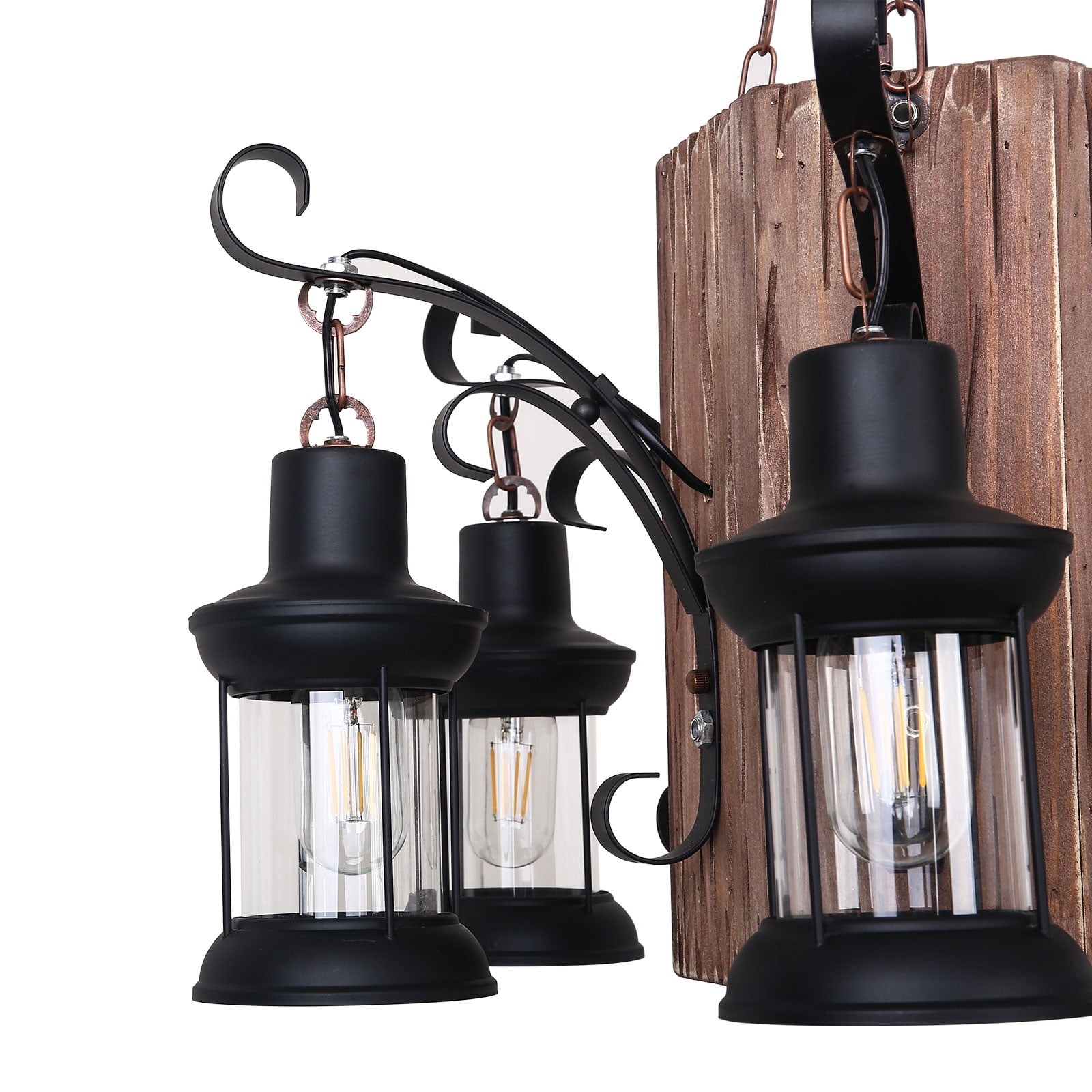 Rustic Wood Lantern Chandelier, 6-Light Farmhouse Pendant Light Height Adjustable Hanging Ceiling Light Fixture with Glass Lampshade