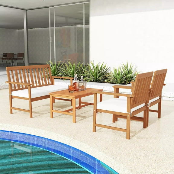 Harmijoy 4 Pieces Acacia Wood Furniture Set, Patio Conversation Set w/ Seat Cushions & Robust Wood Frame, Outdoor Loveseat Sofa
