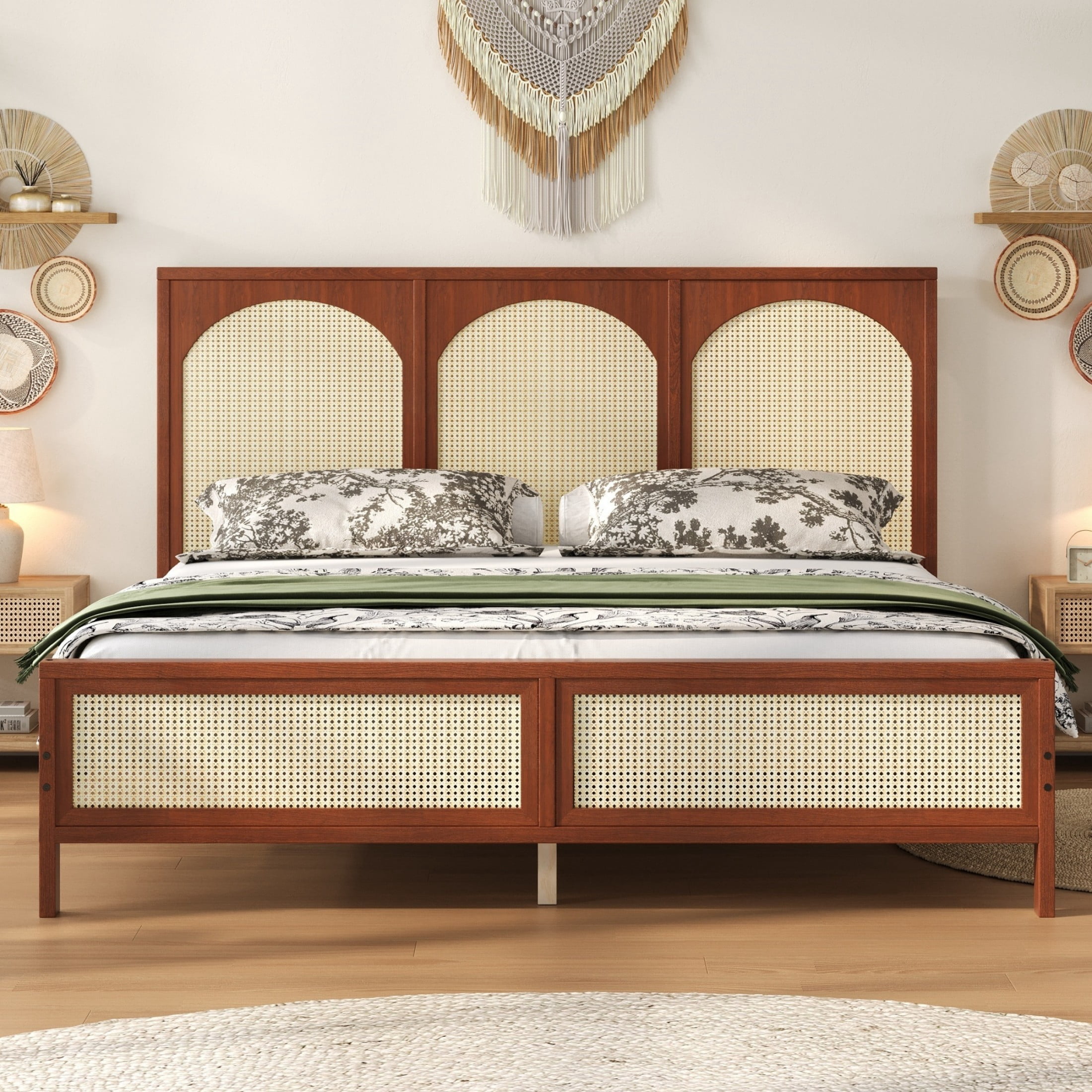 Alvantor King Size Wood Bed Frame with Rattan Headboard & Footboard, Walnut+Beige