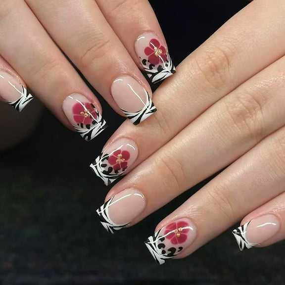 24Pieces Glitters Fake Nails Black Stripes Wine Red Flower Design Plastic Reusable Manicure Set For Daily Or Evening