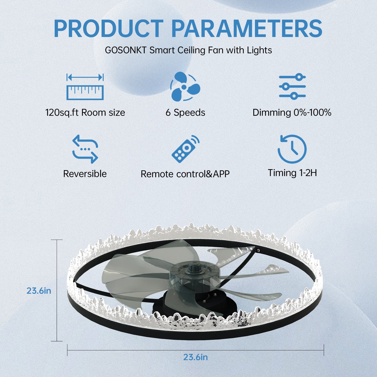 Miniyam Modern Ceiling Fan with Crystal Ring Design – Stylish Lighting Fixture with Energy Efficient Air Circulation, 6 Speeds