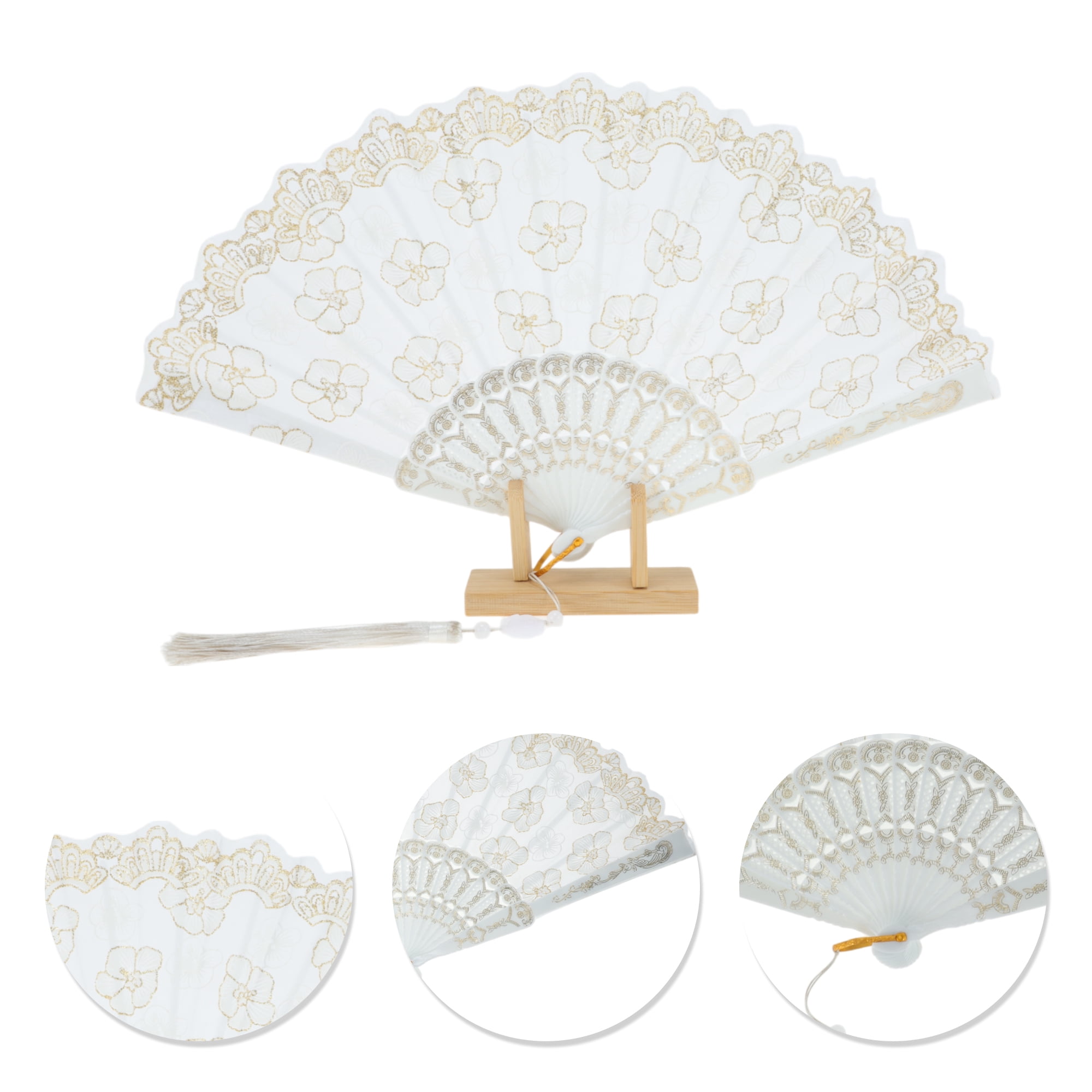 Unique Bargains Elegant Cherry Blossom With Tassel Folding Fan 1 Pc White