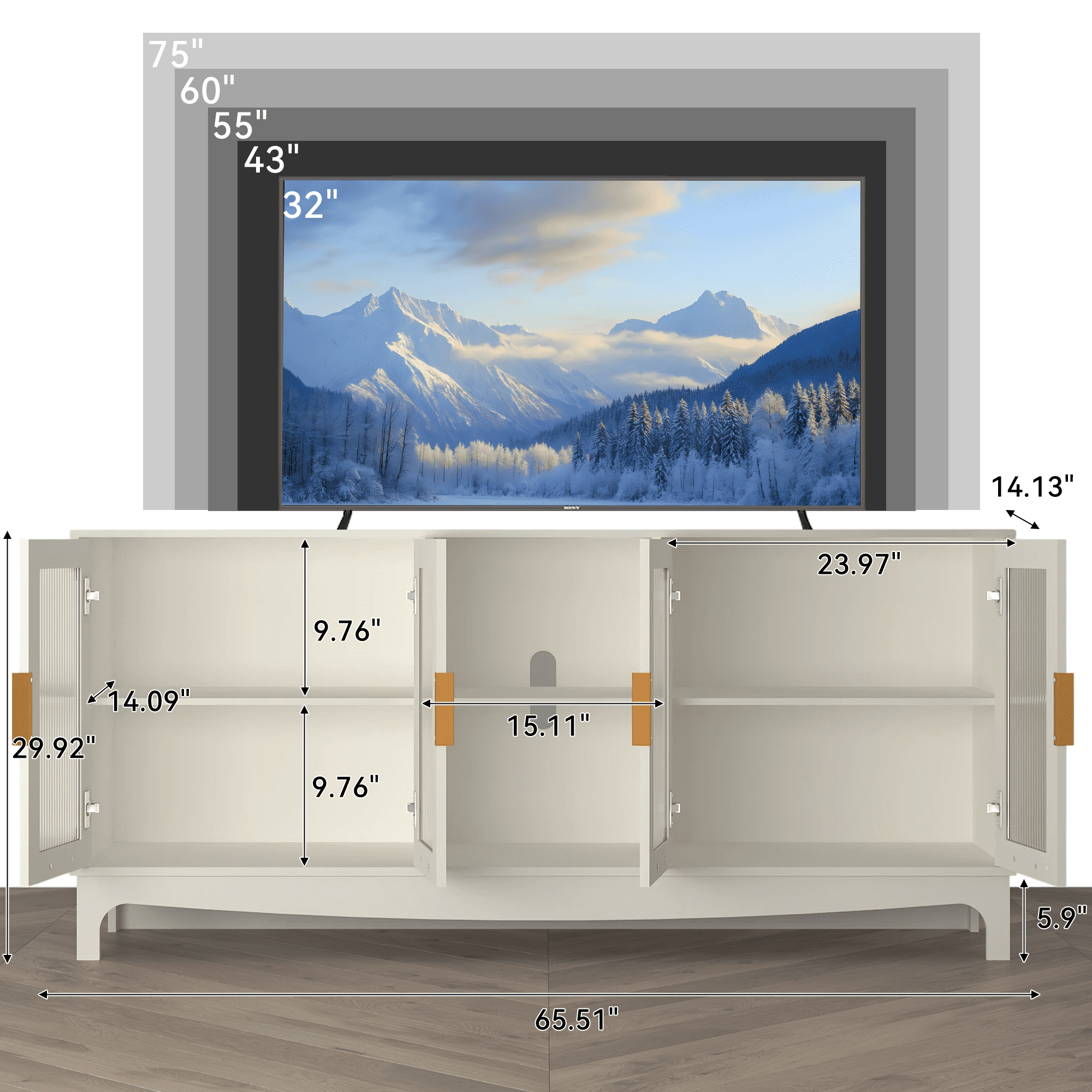 ZOSQUARE Modern TV Stand for TVs up to 75", 65" Entertainment Center with 4 Fluted Glass Doors and Open Shelves, Mid-Century Media Console, White TV Table for Living Room, Bedroom