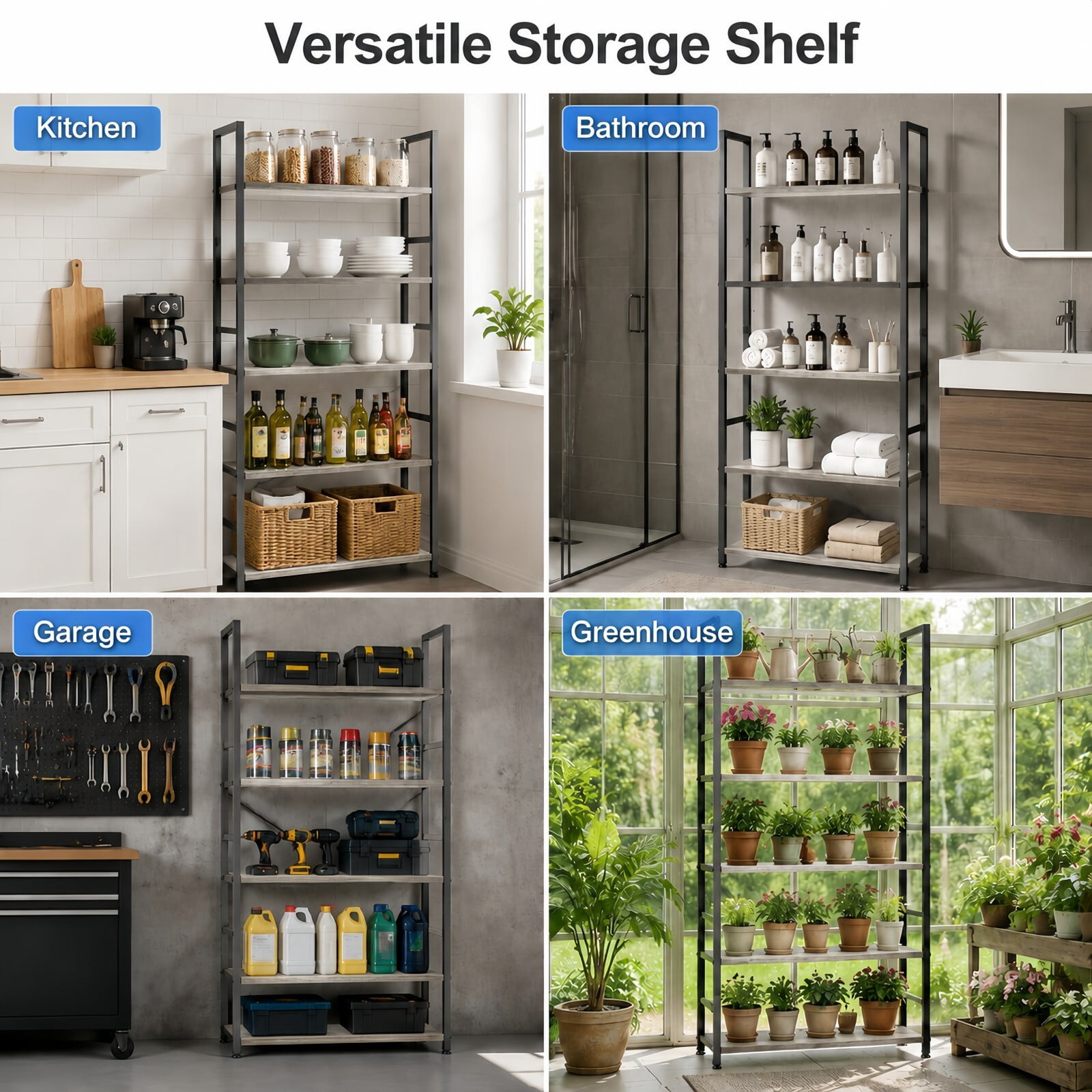 Kelno 5-Tier Bookshelf 62"x24" Industrial Storage Shelf Free Standing Bookcase Metal Frame Bookcase with Open Storage Shelves, Gray