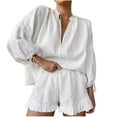 thumbnail image 4 of Sakmal Cotton Pajamas for Women Shorts and Top Long Sleeve White Leisure Sleepwear V Neck Solid Pajamas for Women, 4 of 5
