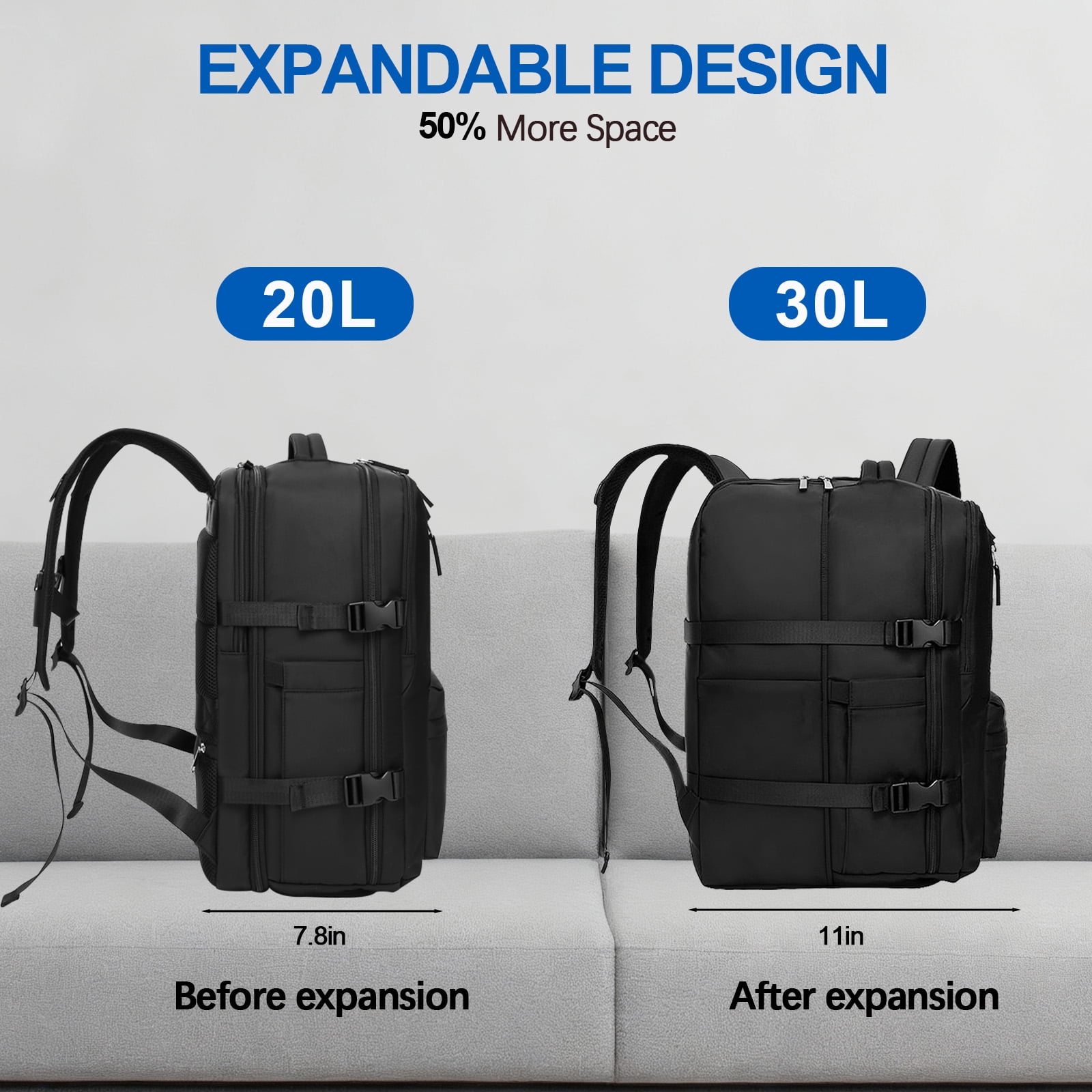 Fenbeli Expandable Travel Laptop Backpack, Fits 15.6-Inch Laptop, Water-Resistant Backpack with USB Charging Port, Anti-Theft Pocket & Luggage Strap