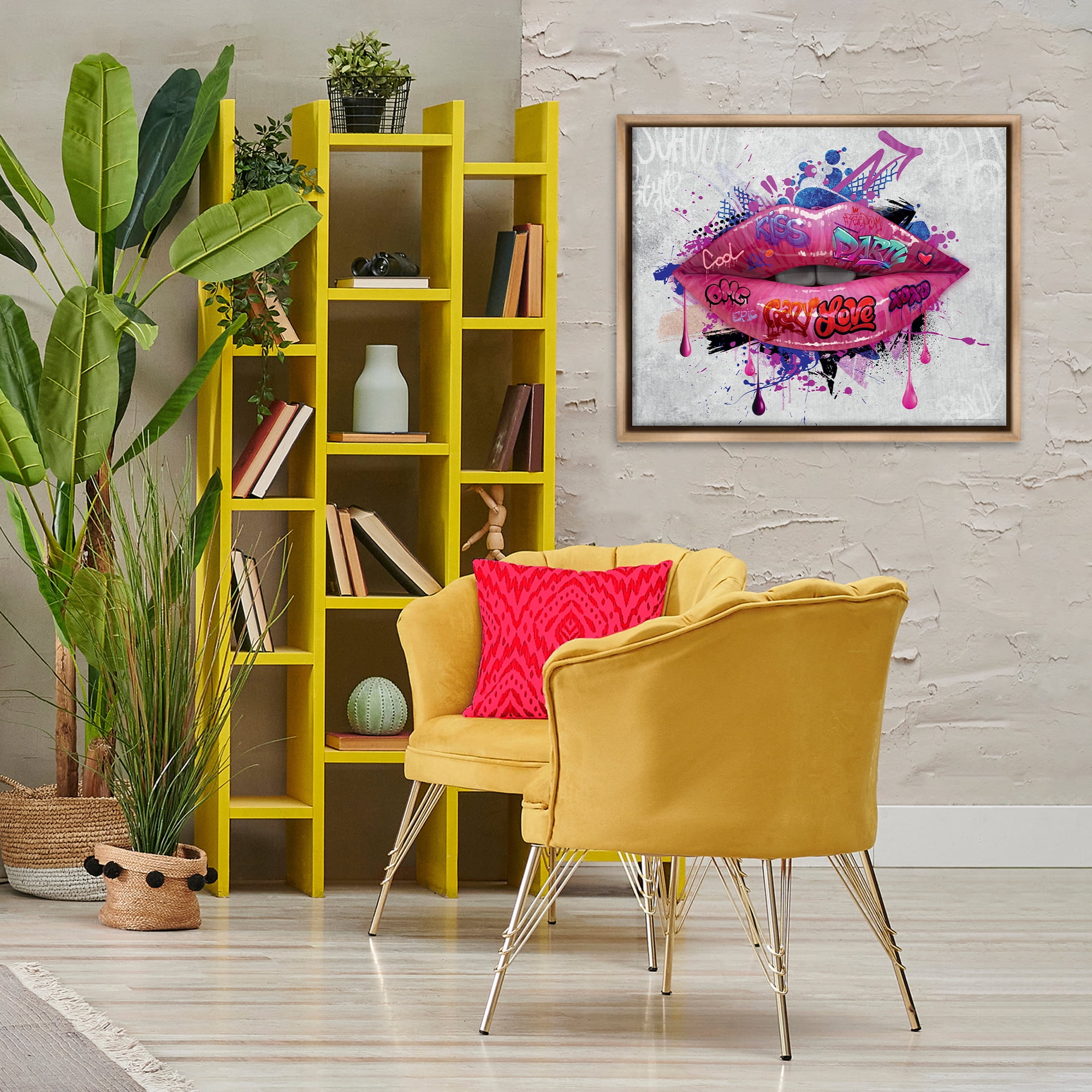 Stupell Industries Urban Graffiti Lips Abstract Painting Brown Floater Framed Canvas Art Print Wall Art, 31 x 25