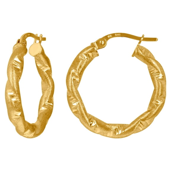 10k Yellow Gold Womens Twisted Tube Sparkle-Cut Brushed 3mm X 20mm Hinged Hoops Earrings Hoop Earring for Women