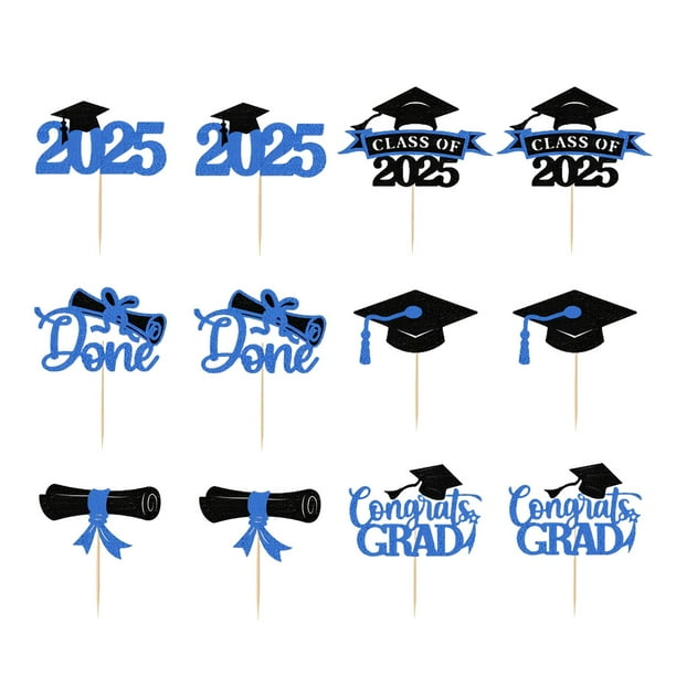 12 piezas Toppers de cupcakes de graduación 2025, diseño de diseño de brillo premio a suministros de topper de pastel decoraciones de graduación Azul
