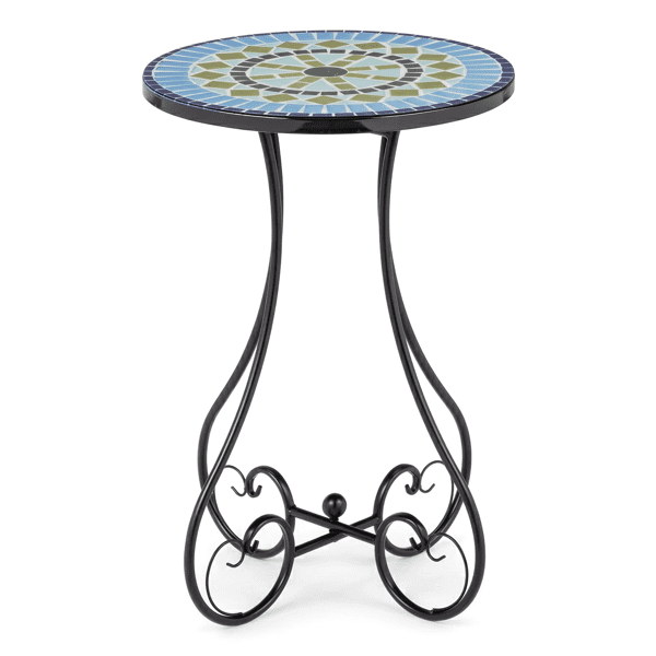 14 inch Side Table, Round Iron Top with Butterfly Legs, Indoor Outdoor Accent End Table, Mediterranean Blue-Green Mosaic