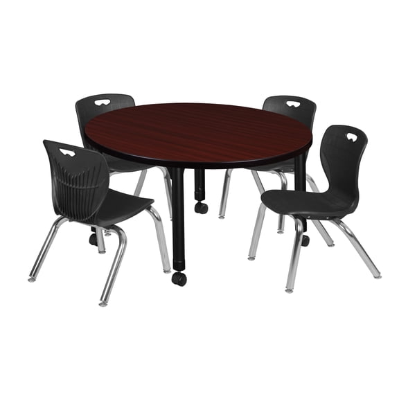 Regency Kee 42 in. Round Adjustable Classroom Table- Mahogany & 4 Andy 12 in. Stack Chairs- Black