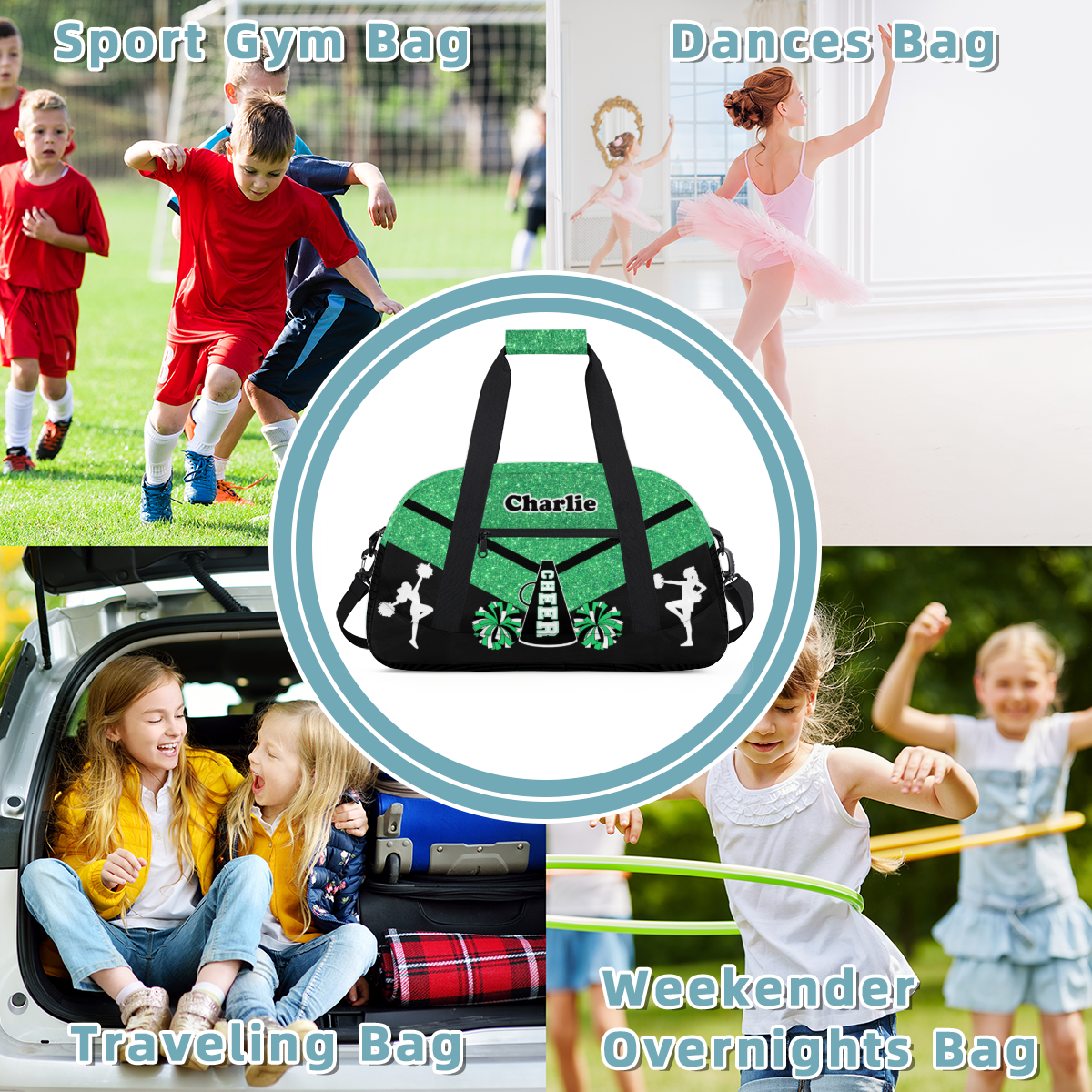 Herdesigns Personalized Cheer Duffel Bag Cheerleaders Gym Bags with Name, Custom Dance Perform Training Sport Bags for Overnight Weekender Travel Green