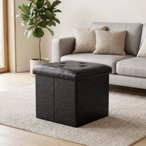 SOLACE FURNITURE Faux Leather Foldable Storage Ottoman, Foot Rest for Living Room, Entryway, Black