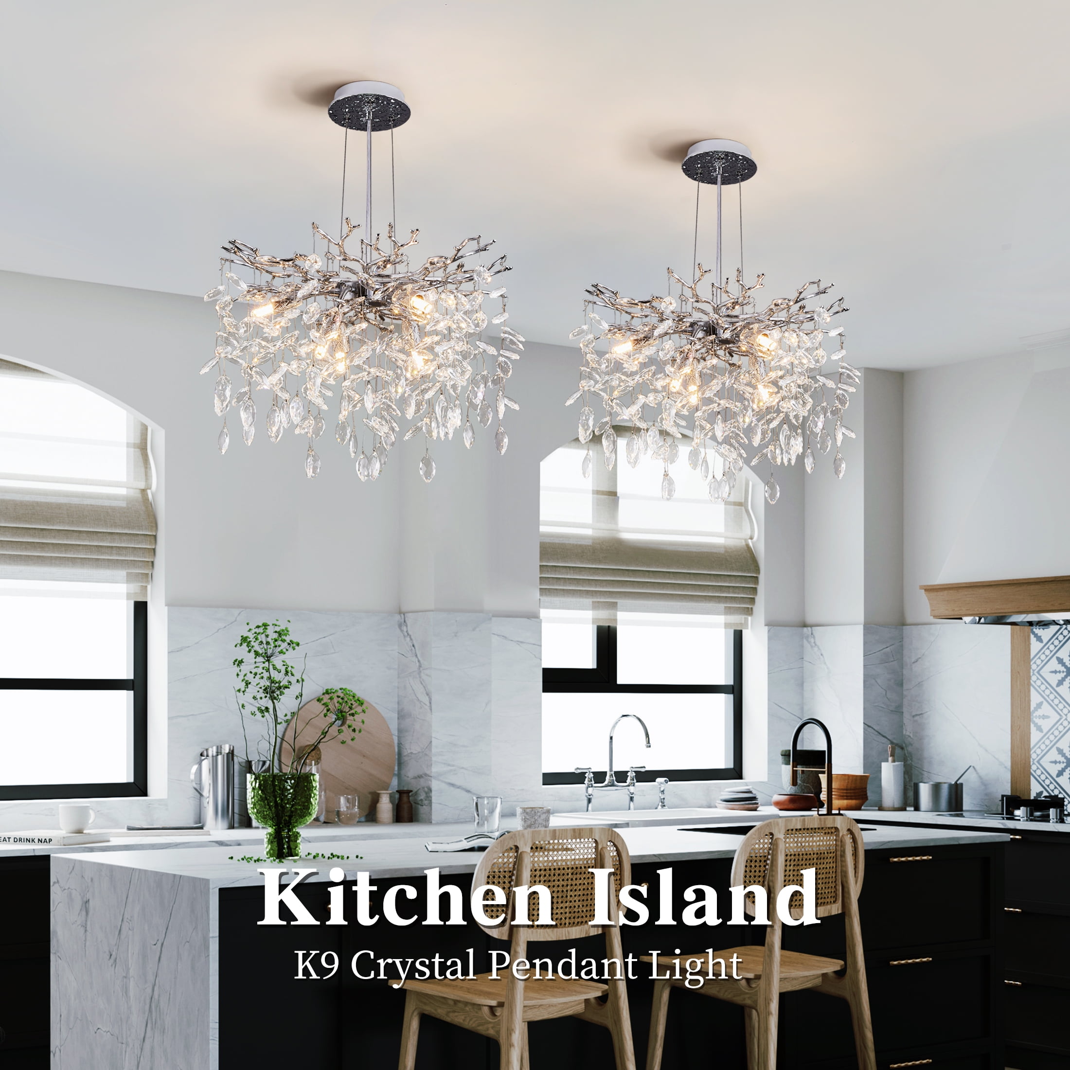 Modern Tree Branch Crystal Chandelier Luxury Silver Crystal Pendant Lighting 18" Contemporary 6-Light Chandeliers for Dining Room Kitchen Bedroom Living Room