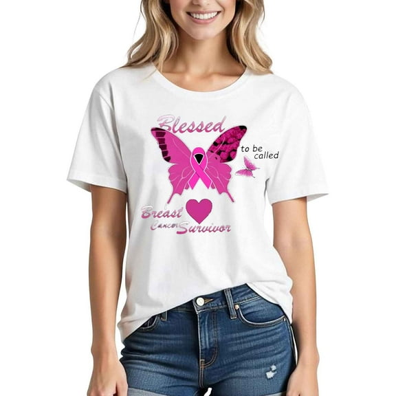 Busydd Womens Breast Cancer Shirts Inspirational Pink Ribbon Graphic Tees for Women Casual Versatile Cotton Crewneck Short Sleeve Summer Tops XL