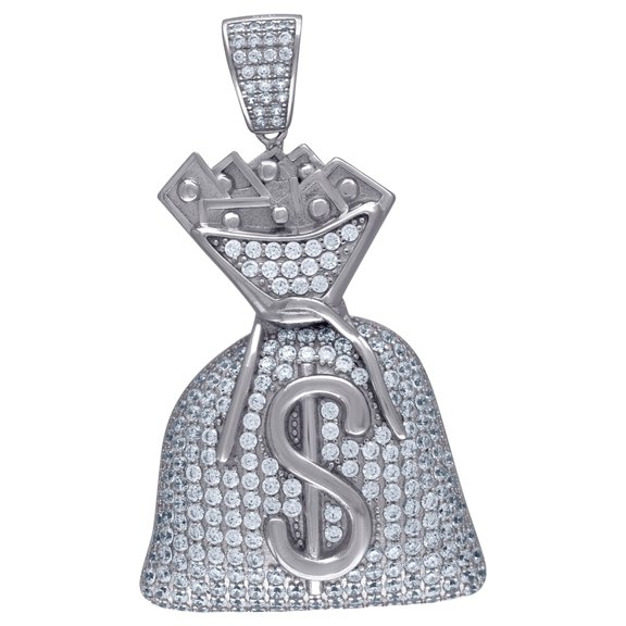 925 Sterling Silver Mens Cubic Zirconia Cash Money Bag With Dollar Sign Charm Pendant Necklace for Men