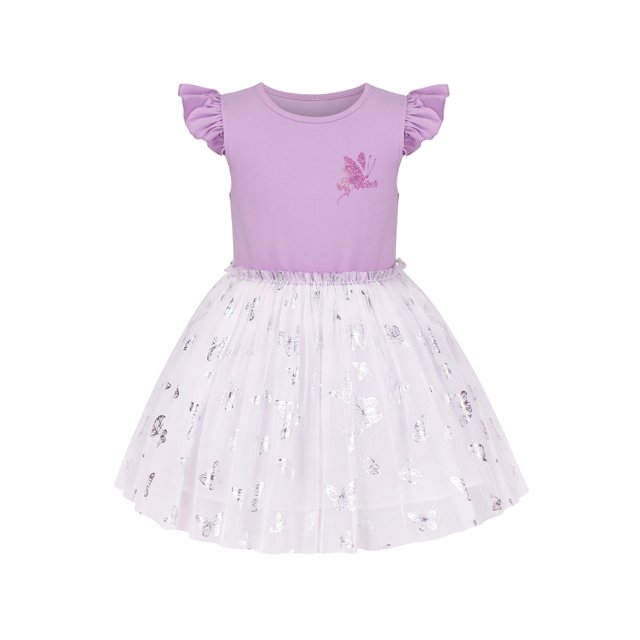 Girls Dress Purple Ruffle Sleeve Butterfly Sparkling Skirt Party 7 Years