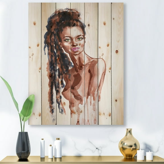 Designart 'Portrait of Afro American Woman VIII' Modern Print on Natural Pine Wood