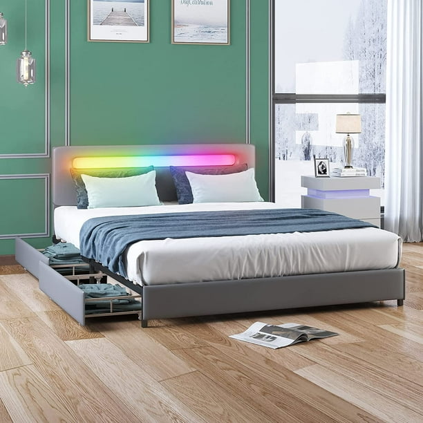 BALUS Full Bed Frame with 4 Storage Drawers, RGB LED Bed Frame with
