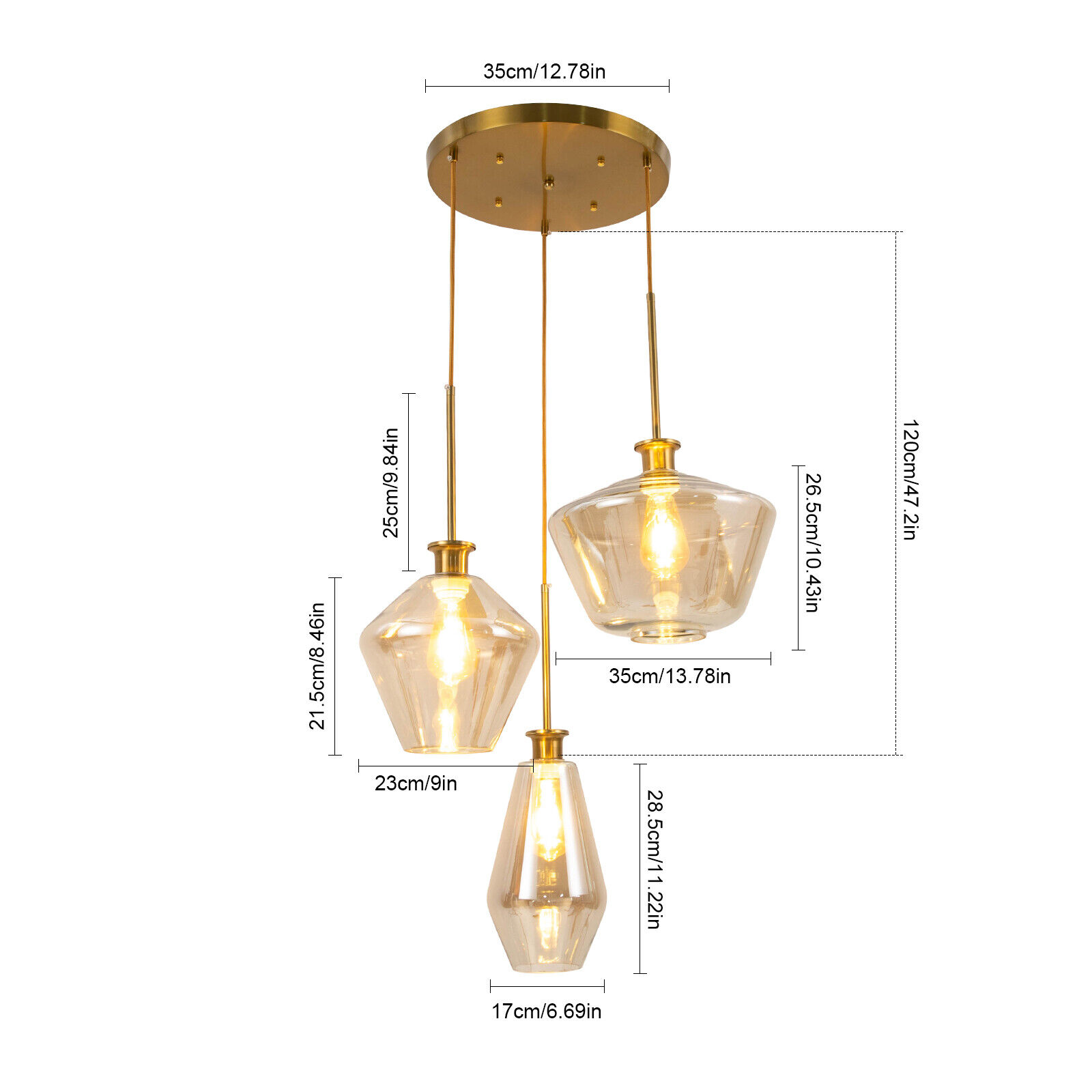 Miumaeov Modern 3-Light Pendant Light Fixtures Flush Mount Gold Hanging Ceiling Lamp with Glass Shade & Adjustable Height for Kitchen Island Living Room Hallway Hall