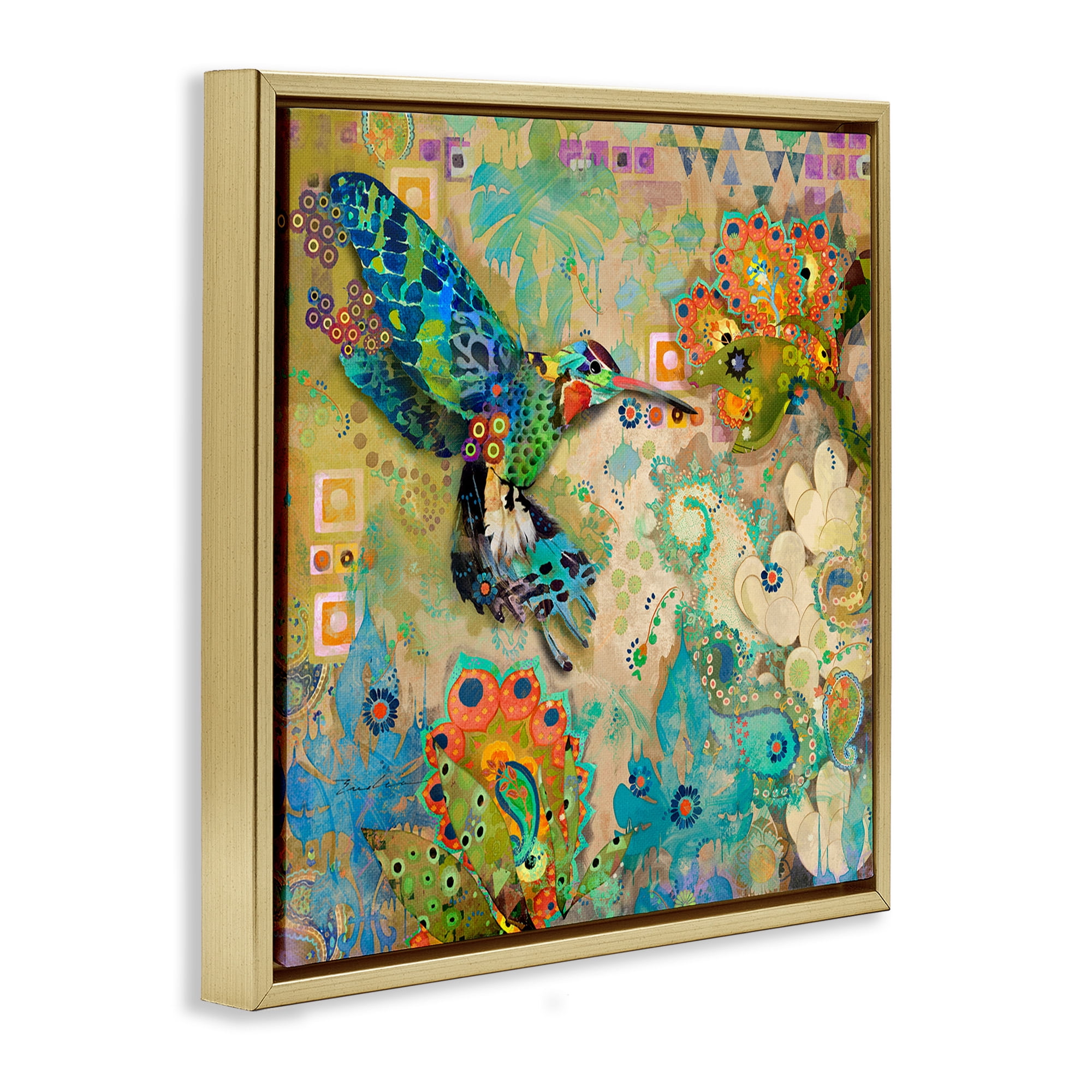 Stupell Industries Boho Hummingbird Pattern Animals & Insects Painting Gold Floater Framed Canvas Art Print Wall Art, 25 x 25