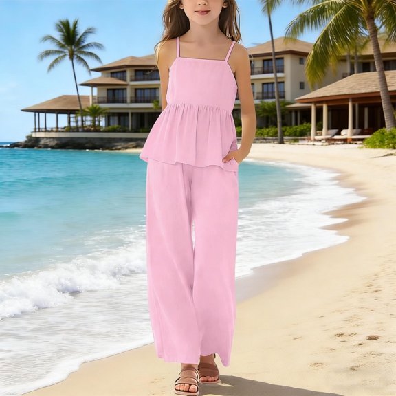 Amidoa Girls Summer 2 Piece Outfits Solid Color Cute Tank Top and Casual Wide Leg Pants Kids Clothing Set Pink Size Pink Size 10