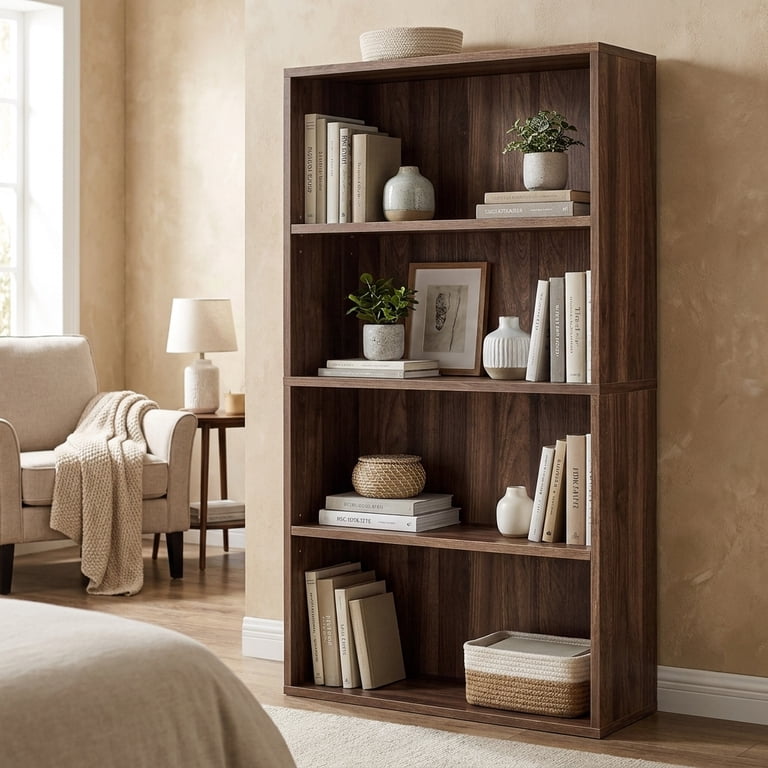 Ledrem 4-Tier Bookshelf with Adjustable Shelves, Natural Walnut photo 1